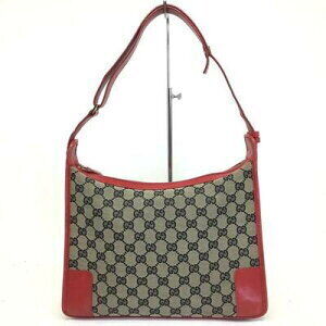Gucci Shoulder Bag Canvas Leather Beige Red